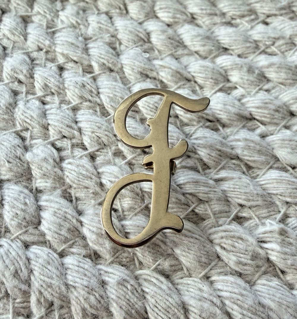 Vintage Letter F Script Monogram Pin Gold Tone Initial Brooch 1.25”
